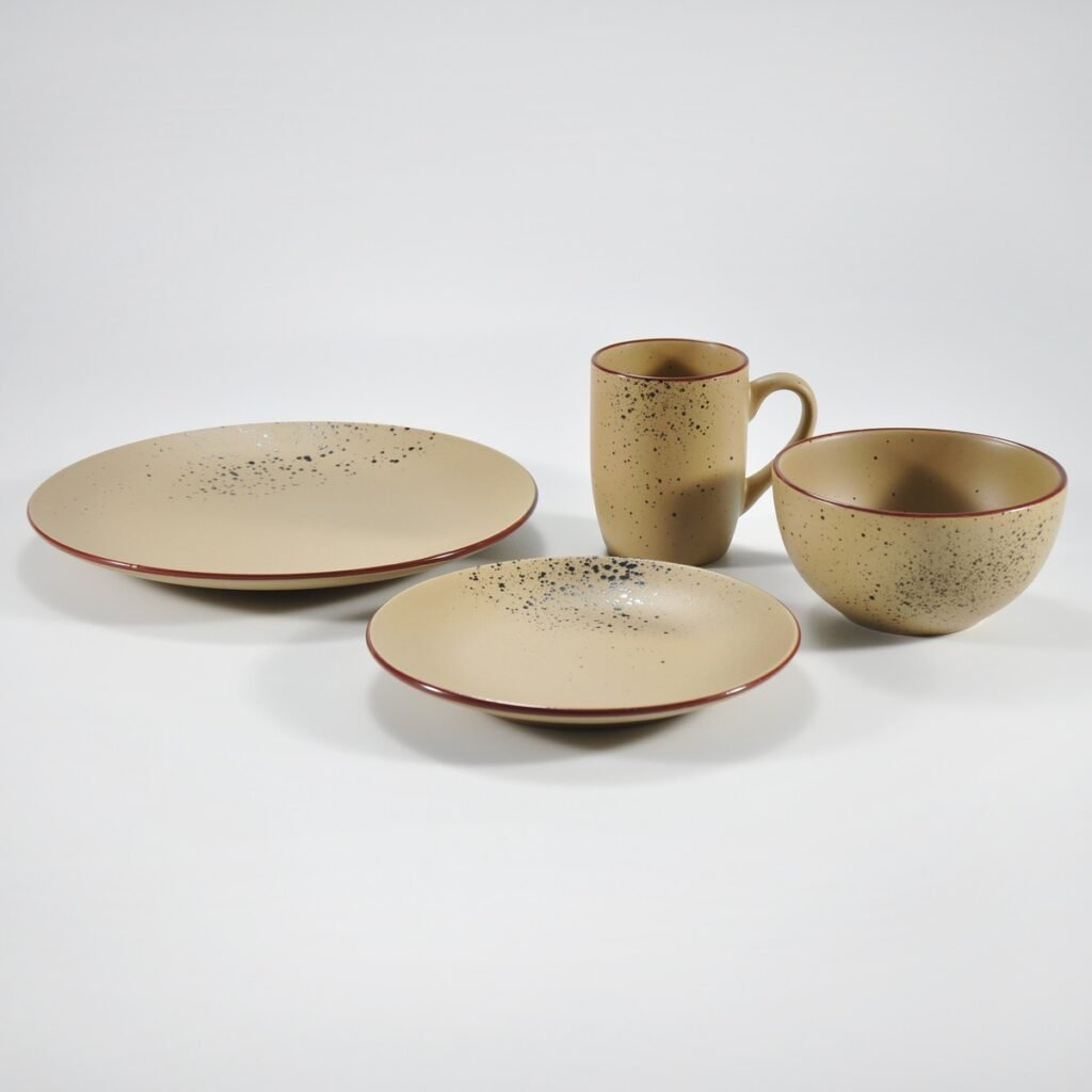 16-piece matte brown speckled stoneware dinner set by Xuye Ceramics