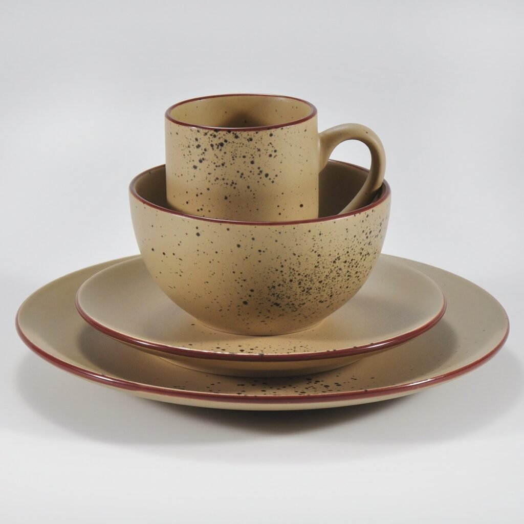 16-piece matte brown speckled stoneware dinner set by Xuye Ceramics