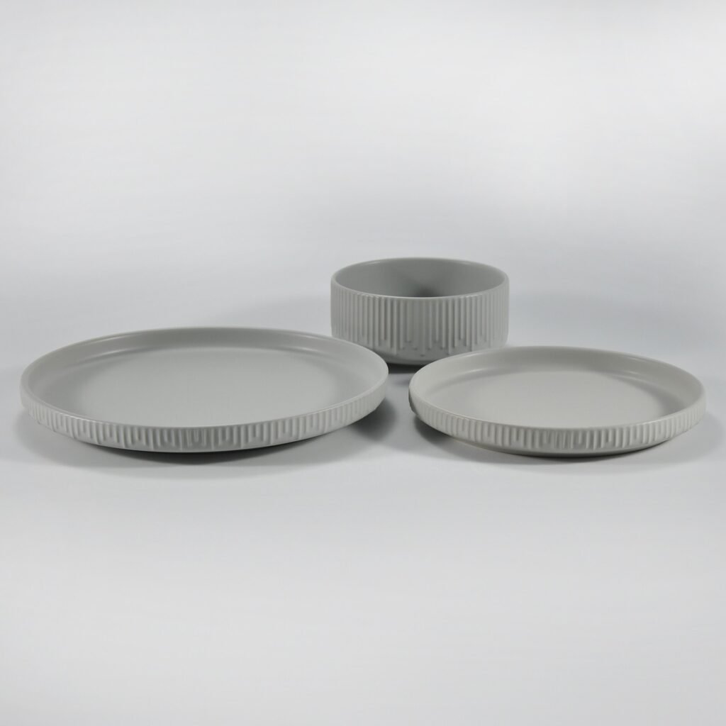 12-piece matte white embossed stoneware dinner set by Xuye Ceramics