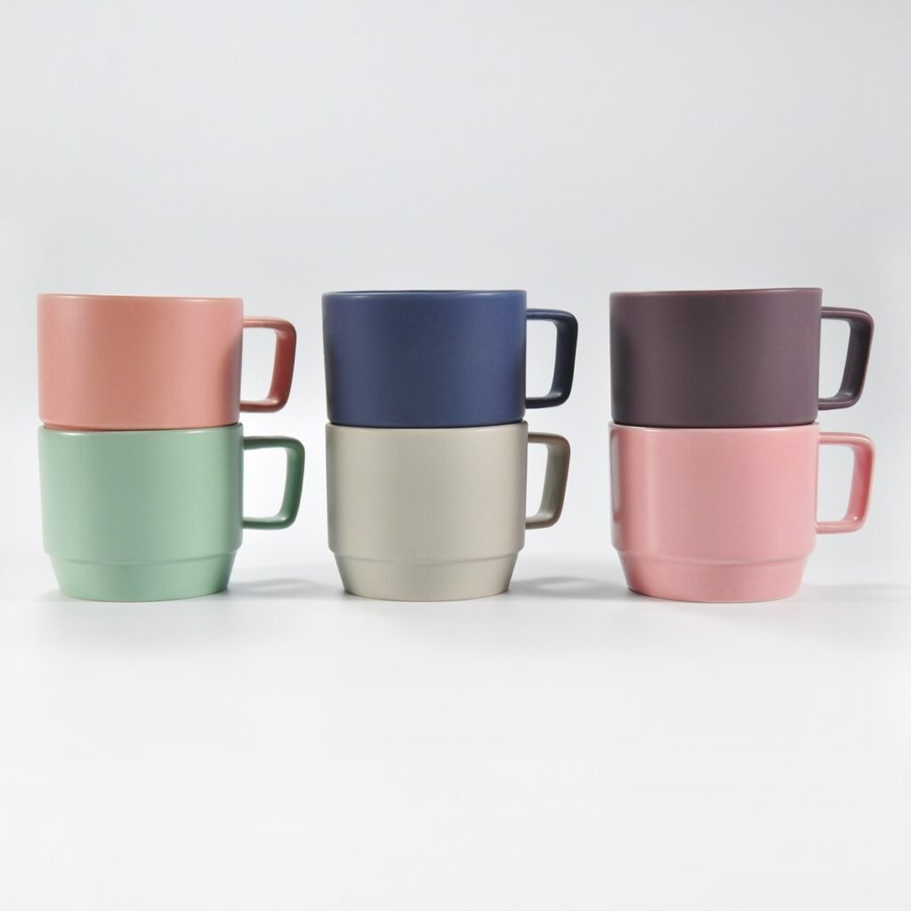 stackable ceramic coffee mug in matte and glossy colors by Xuye Ceramics