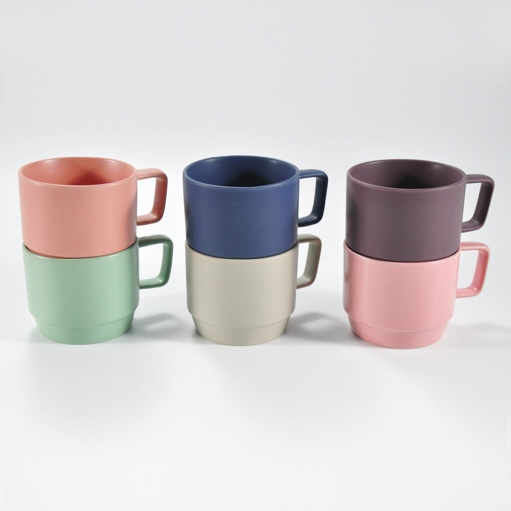 stackable ceramic coffee mug in matte and glossy colors by Xuye Ceramics