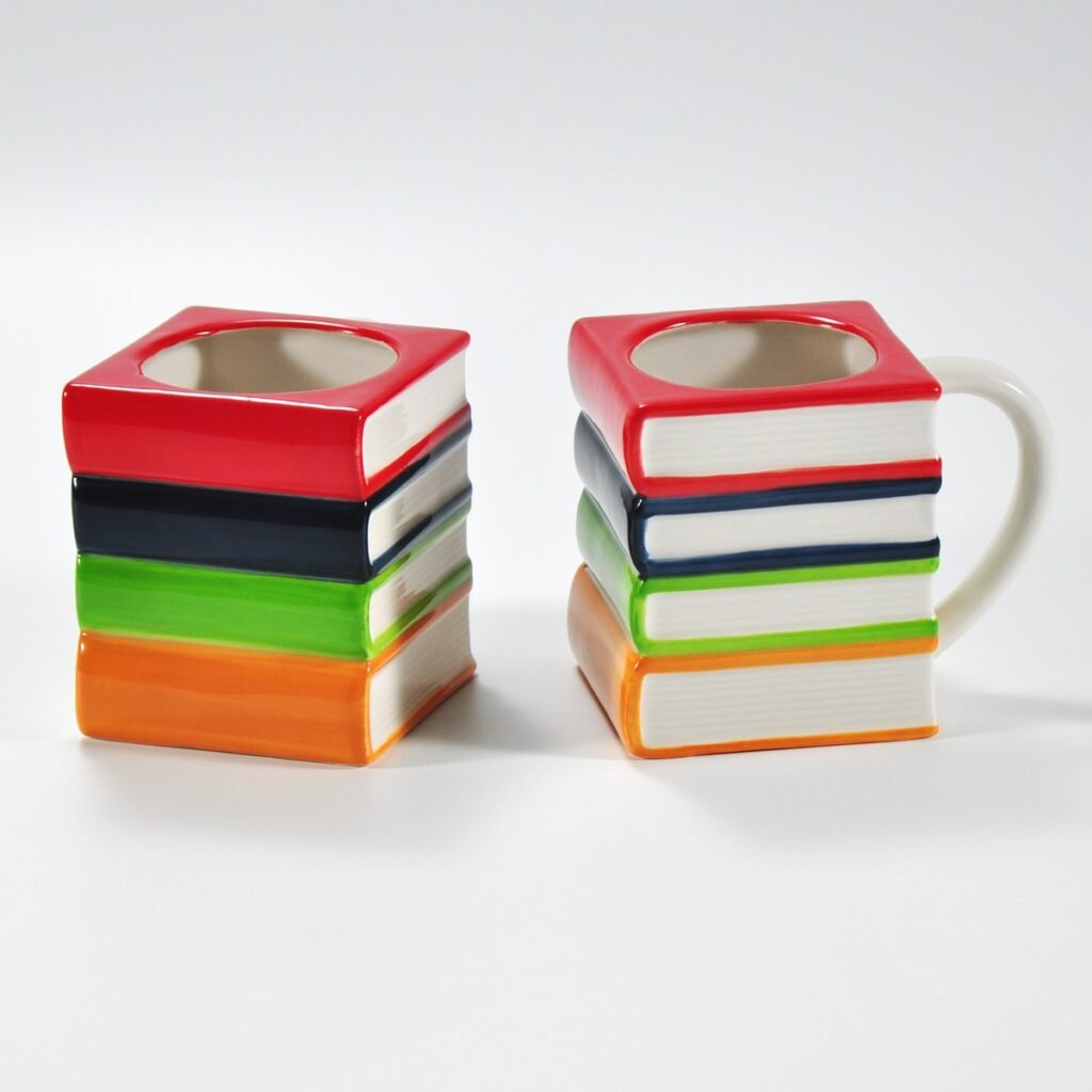 hand-painted multicolor book-shaped ceramic mug by Xuye Ceramics