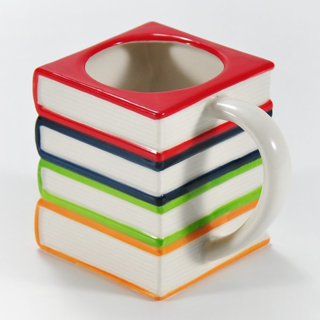 hand-painted multicolor book-shaped ceramic mug by Xuye Ceramics