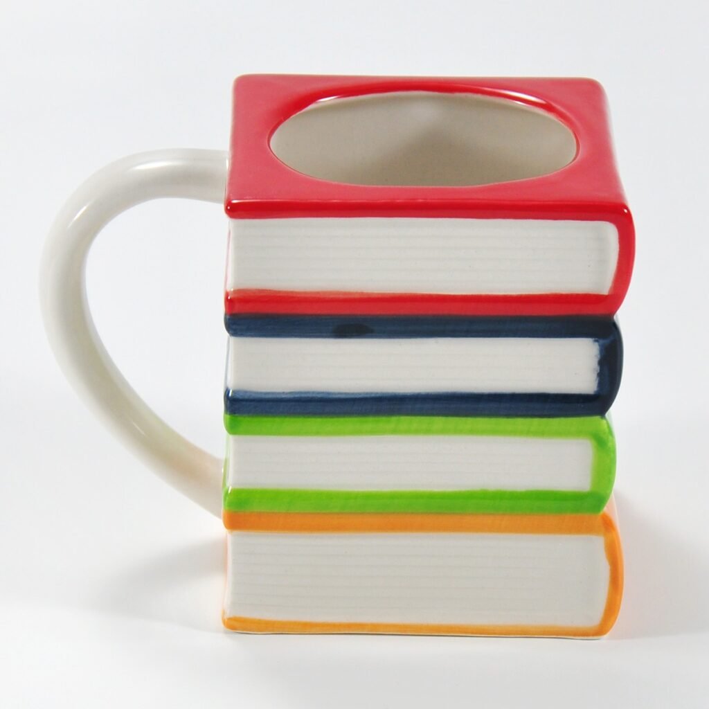 hand-painted multicolor book-shaped ceramic mug by Xuye Ceramics