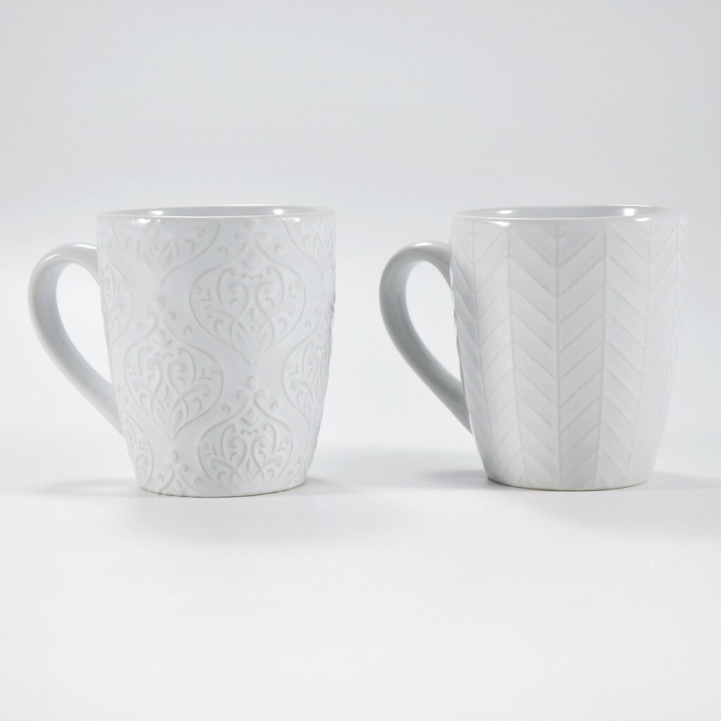 14 oz white textured embossed ceramic mug by Xuye Ceramics